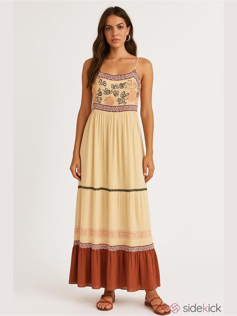 Patrons of Peace Embroidered Boho Flowy Maxi Dress Cream Rust